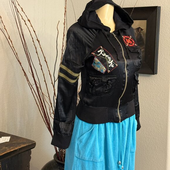 Riley Black Satin HOODED JACKET w/ Embroidery over patches / 3 front pockets - Picture 7 of 7
